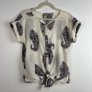 Peter Dunham Lucky Brand Shirt Size M Ivory‎ Paisley Tie-Front Top Gauzy Western